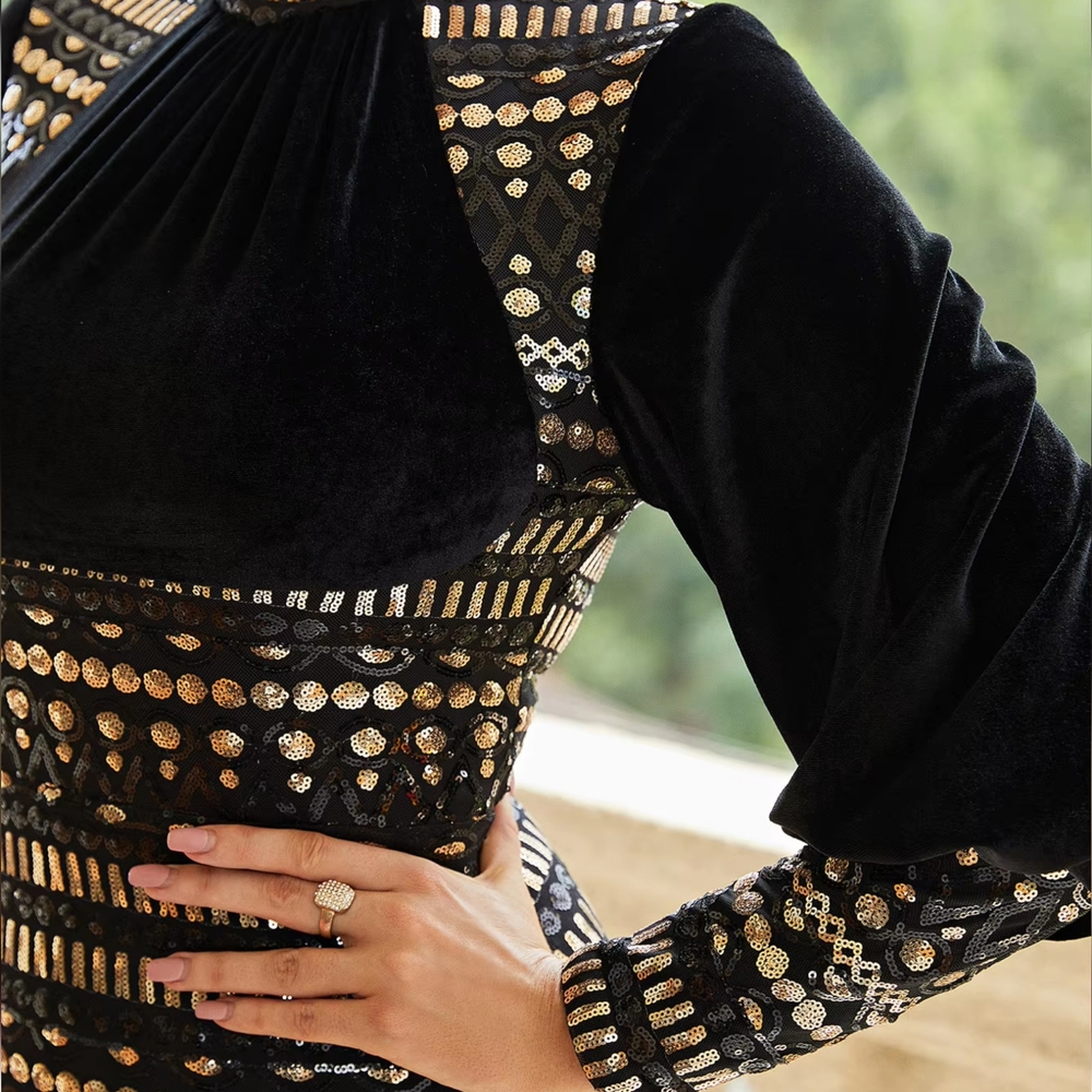 Vintage Black Velvet Bishop Sleeve Sequins Bodycon Ankle Length Dress - Picture 7 of 11